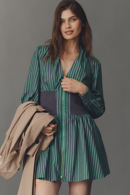By Anthropologie The Tommie Smocked Front-zip Shirt Dress: Long-sleeve Mini Edition In Green