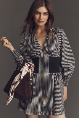 By Anthropologie The Tommie Long-sleeve Smocked Front-zip Mini Shirt Dress In Black