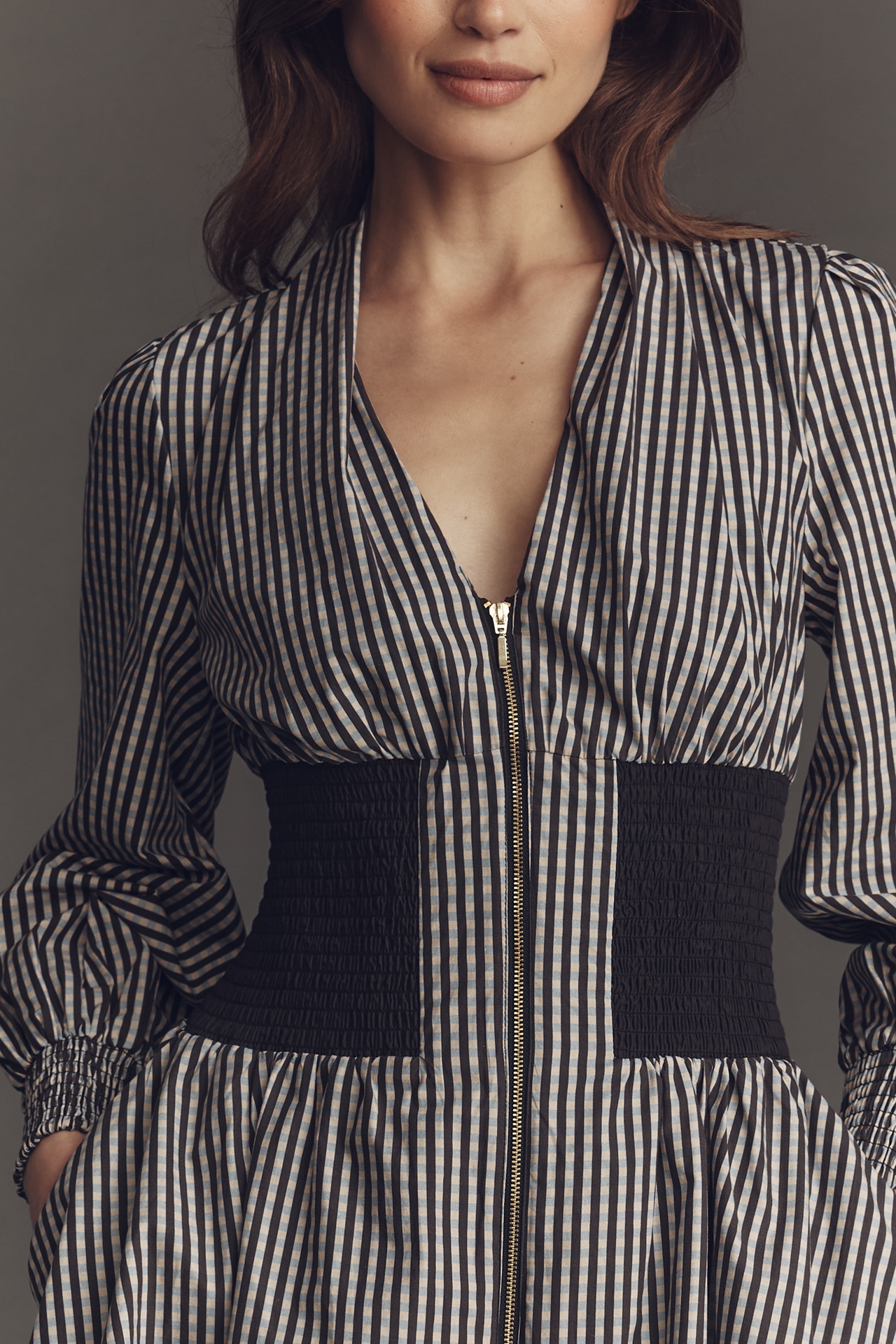 The Tommie Long-Sleeve Smocked Front-Zip Mini Shirt Dress