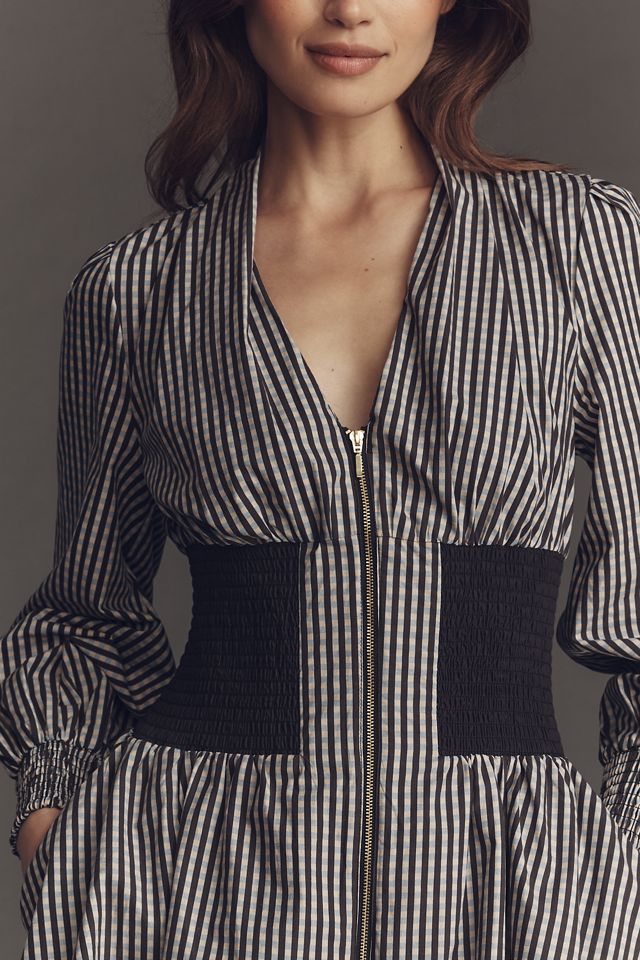The Tommie Long-Sleeve Smocked Front-Zip Mini Shirt Dress #1