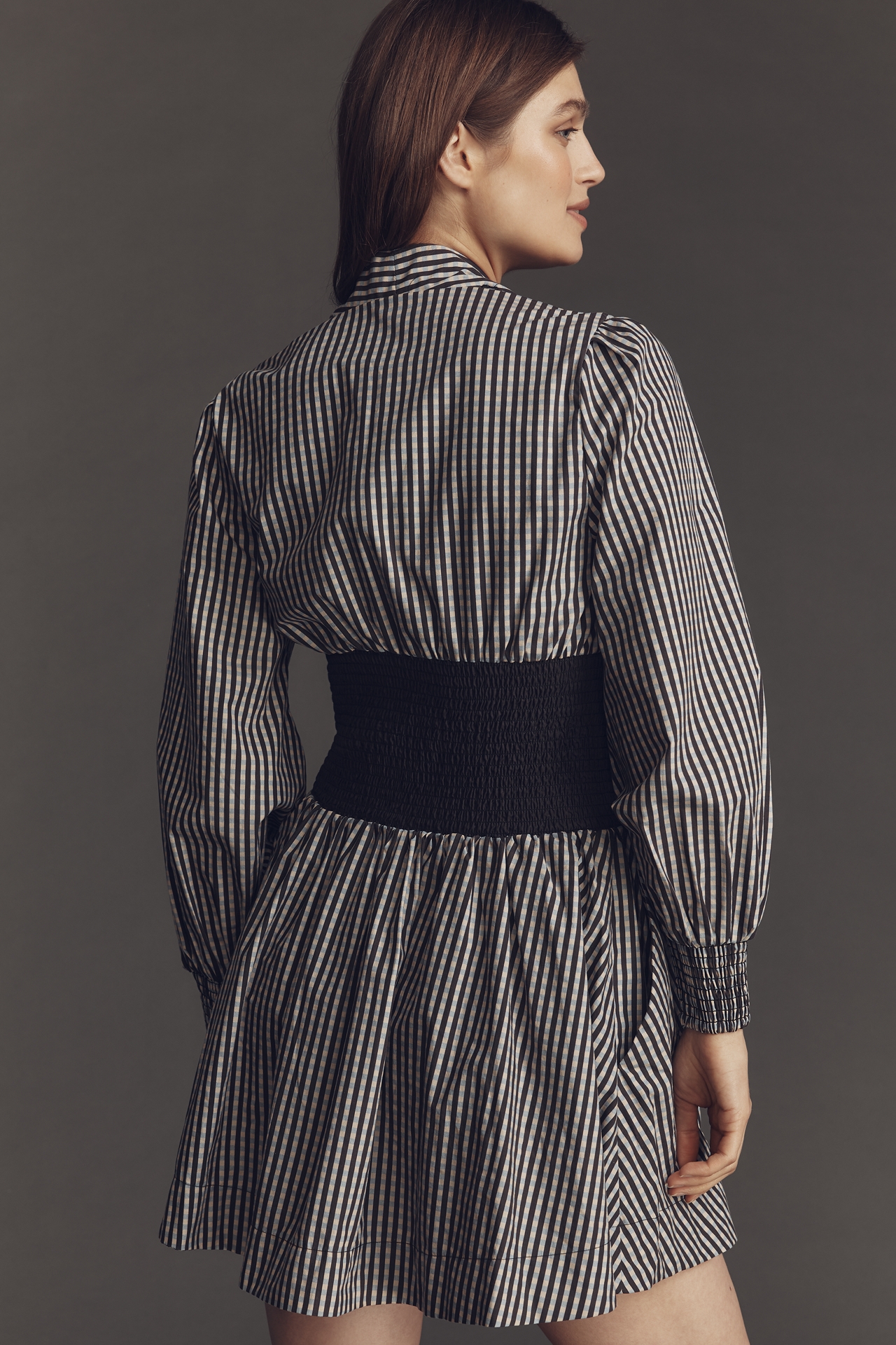 The Tommie Long-Sleeve Smocked Front-Zip Mini Shirt Dress