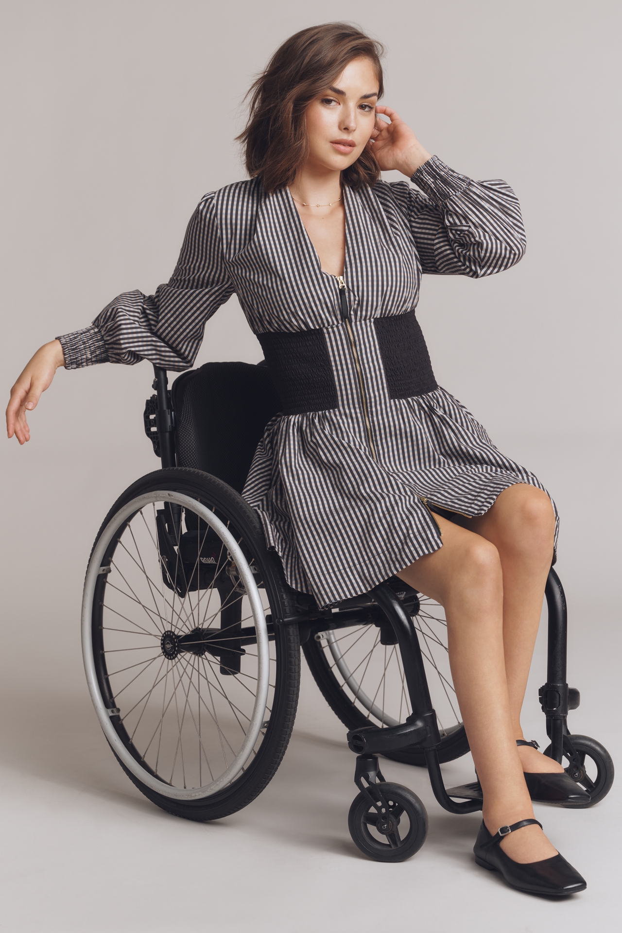 The Tommie Long-Sleeve Smocked Front-Zip Mini Shirt Dress