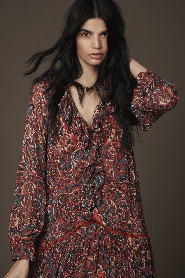 By Anthropologie Long-Sleeve Ruffled Boho Midi Dress #1