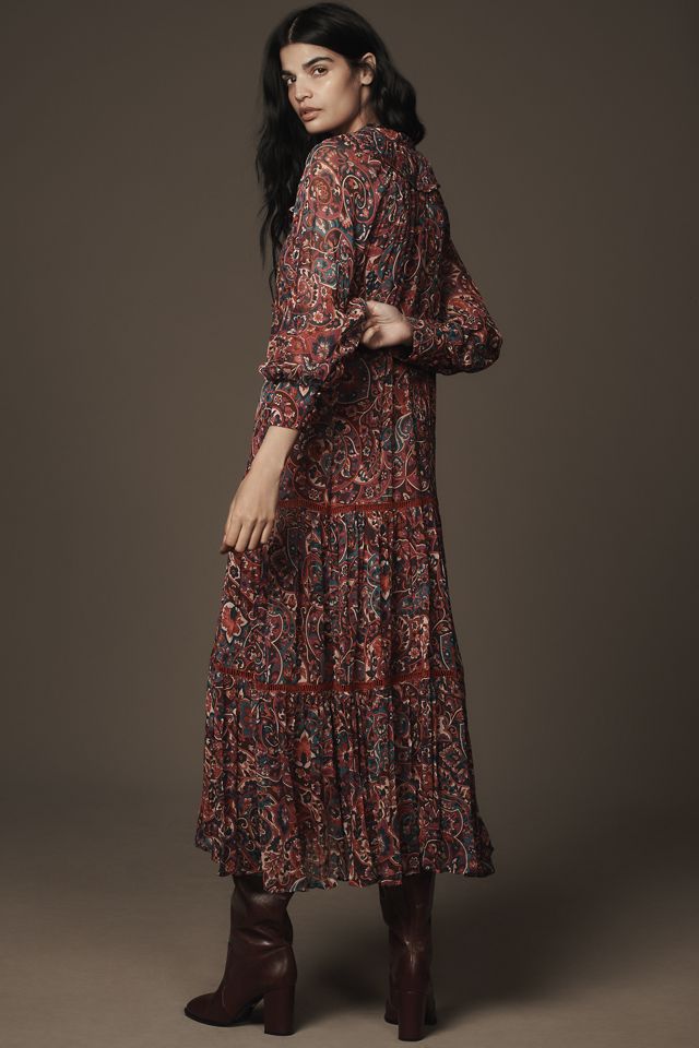 By Anthropologie Long-Sleeve Ruffled Boho Midi Dress #2