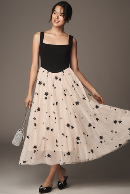 Shop Maeve Square-neck A-line Twofer Maxi Dress In Beige