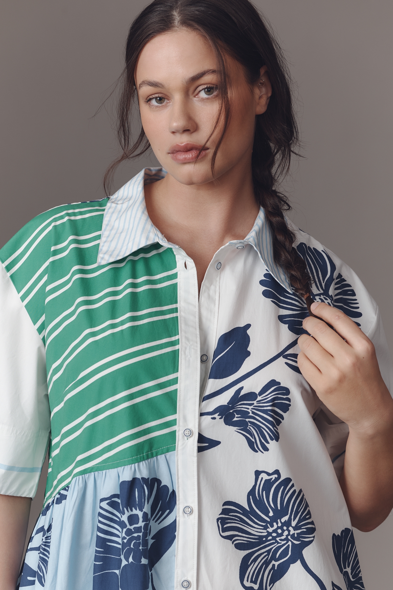 Maeve Mixed-Print Buttondown Dress