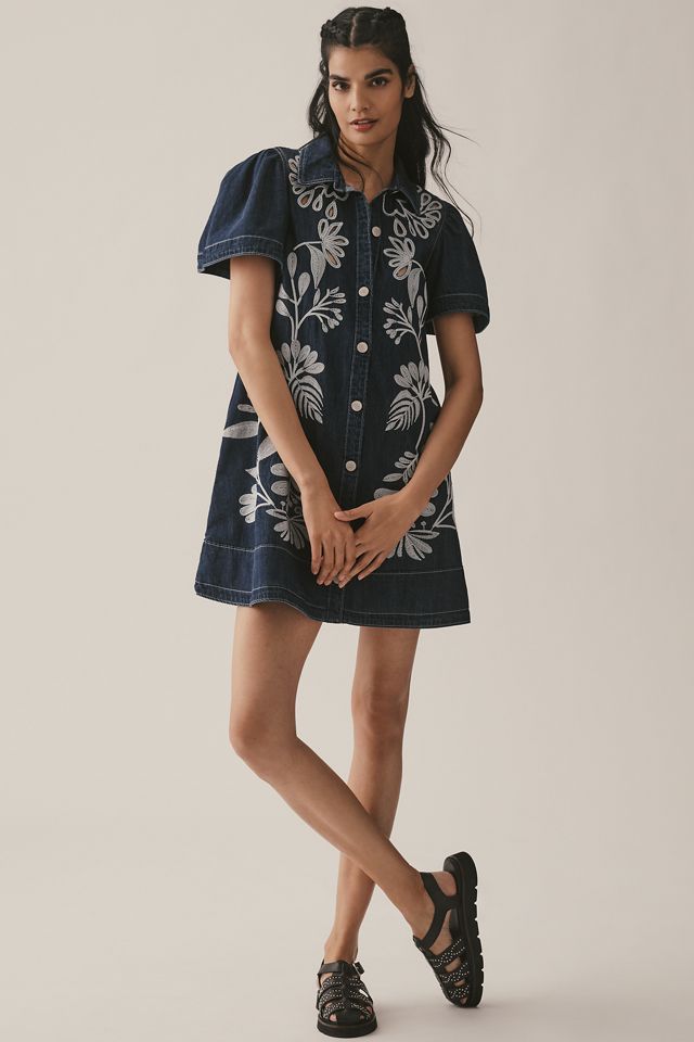 Robe chemise en denim brodé By Anthropologie