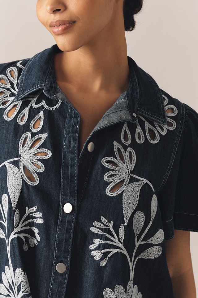By Anthropologie Embroidered Denim Shirt Dress #5
