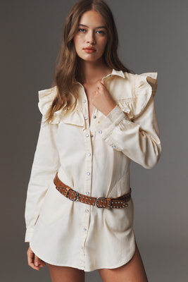 PILCRO LONG-SLEEVE RUFFLED DENIM MINI SHIRT DRESS 
