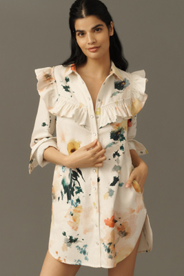 Pilcro Long-sleeve Ruffled Denim Mini Shirt Dress In White