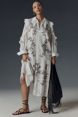 Long-Sleeve V-Neck Eyelet Midi Dress