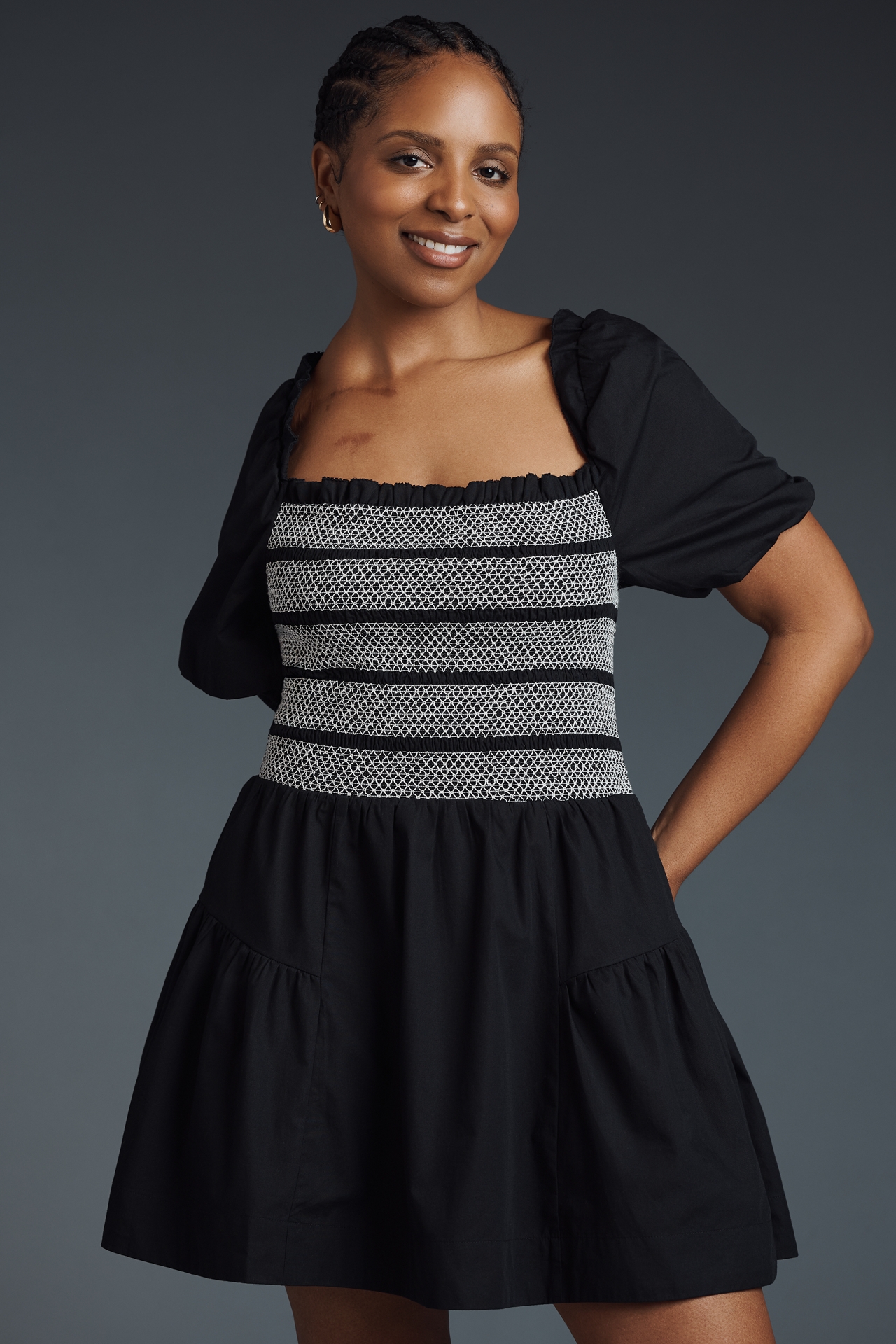 By Anthropologie Puff-Sleeve Square-Neck Smocked Mini Dress