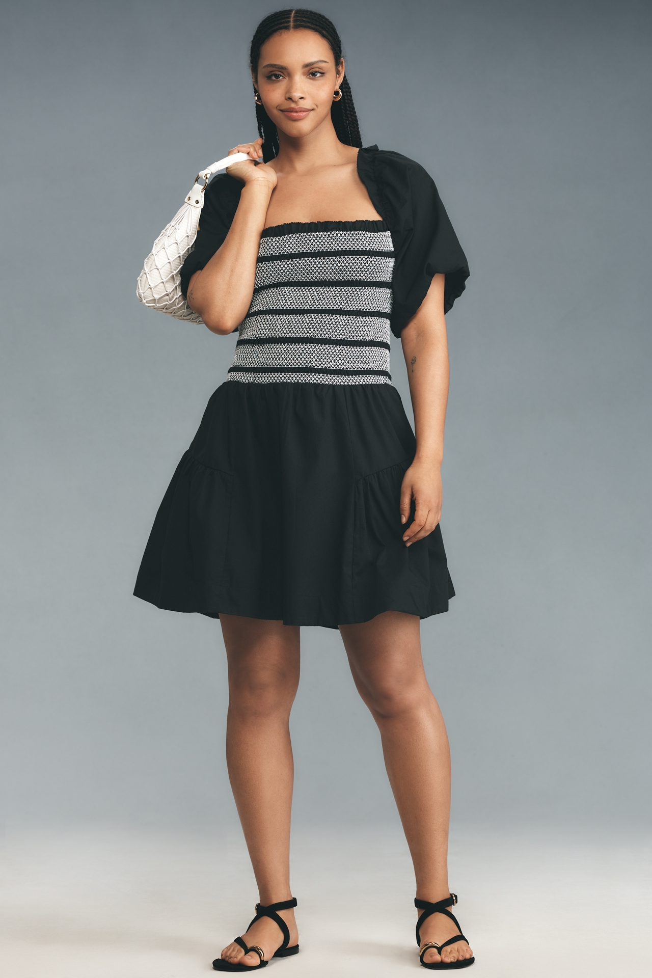 By Anthropologie Puff-Sleeve Square-Neck Smocked Mini Dress
