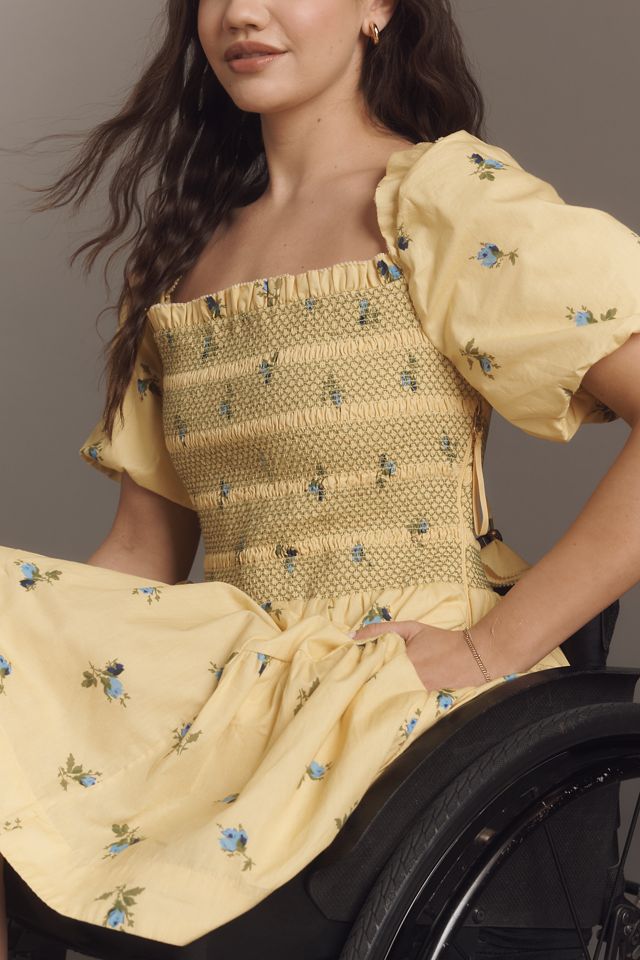 By Anthropologie Puff-Sleeve Square-Neck Smocked Mini Dress #7