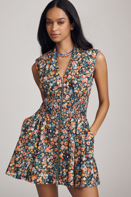 Maeve The Tommie Cap-sleeve Smocked Front-zip Shirt Dress: Mini Edition In Blue