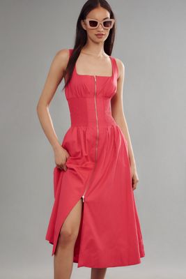 The Tommie Sleeveless Scoop-Neck Smocked Front-Zip Shirt Dress