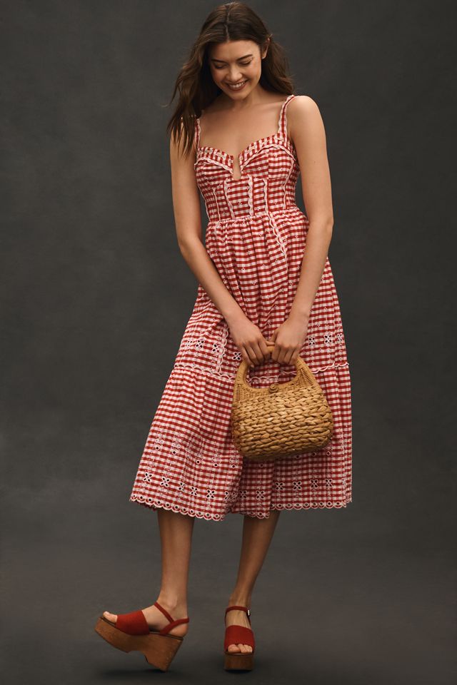 By Anthropologie Sleeveless Sweetheart Gingham Midi Dress