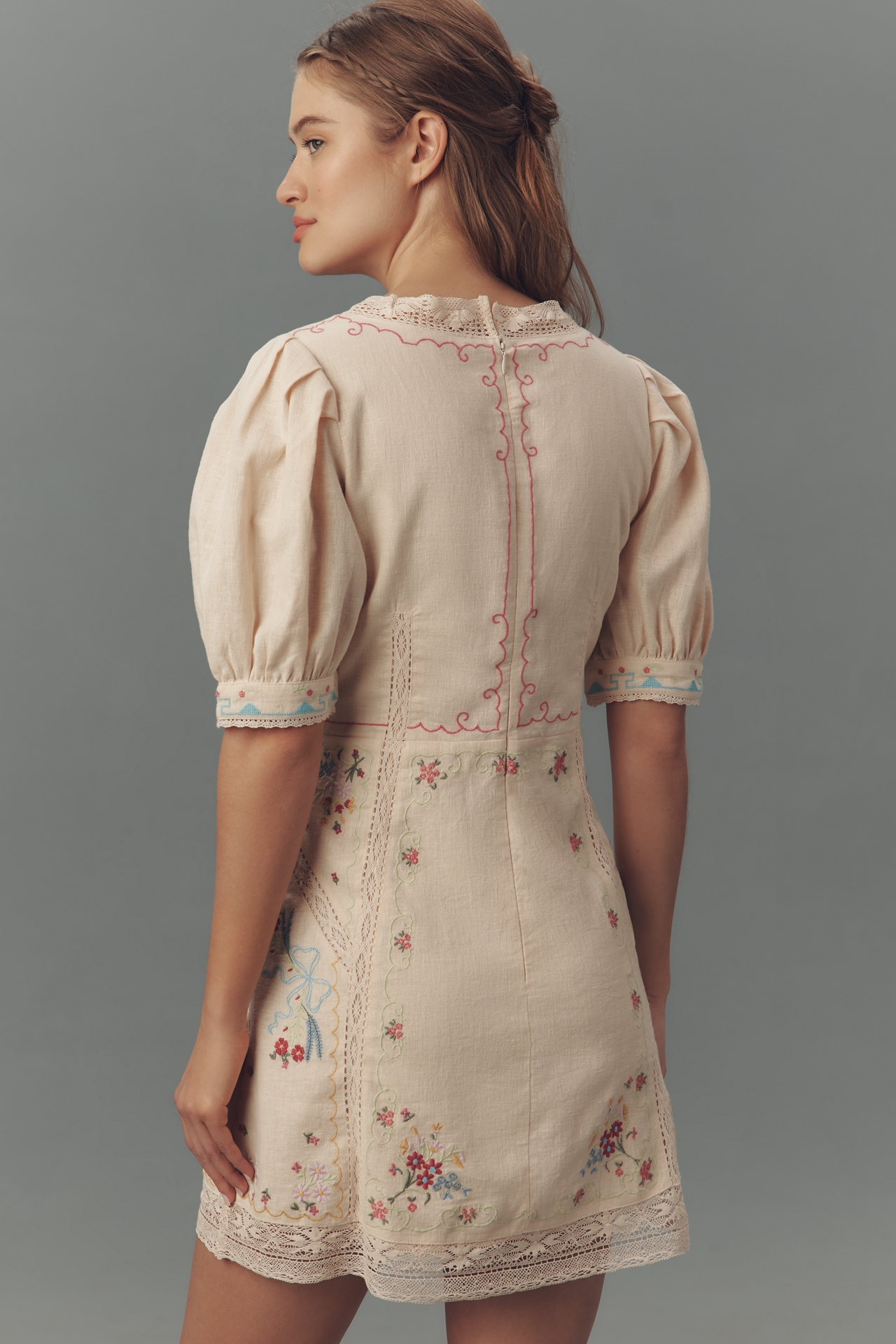 By Anthropologie Linen Blend Puff-Sleeve V-Neck Mini Dress