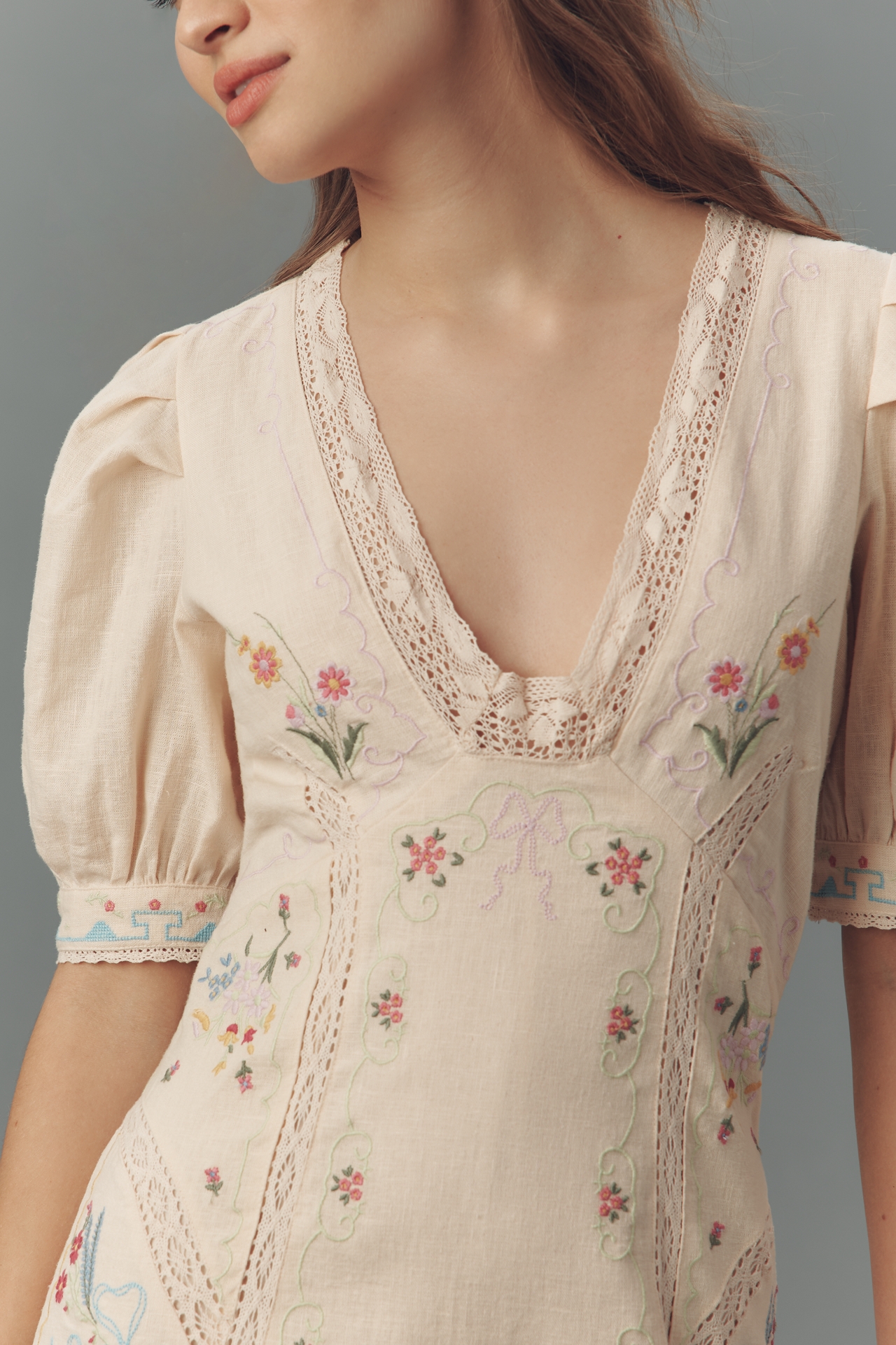 By Anthropologie Linen Blend Puff-Sleeve V-Neck Mini Dress