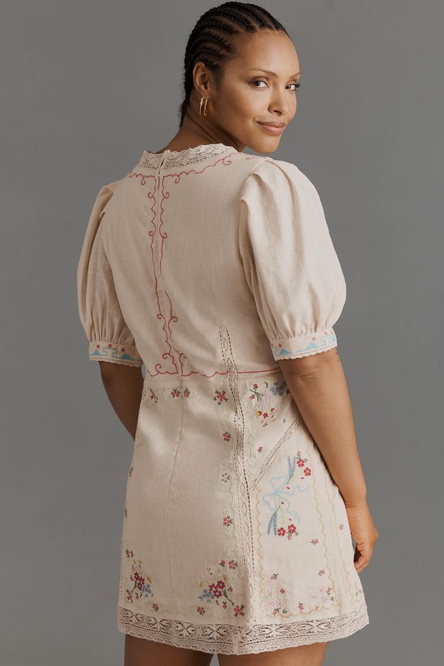 By Anthropologie Linen Blend Puff-Sleeve V-Neck Mini Dress #7