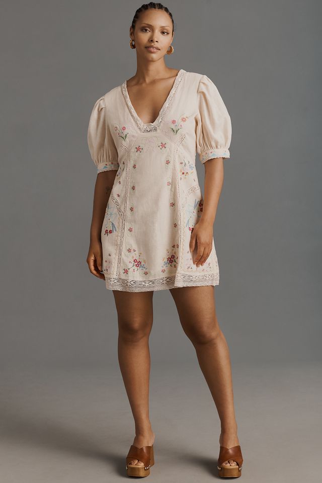 By Anthropologie Linen Blend Puff-Sleeve V-Neck Mini Dress #8