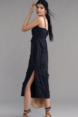 MAEVE LINEN BLEND APPLIQUÉ MIDI DRESS 