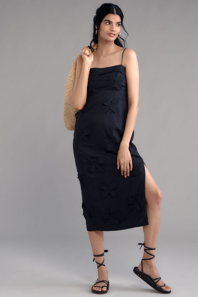 Maeve Linen Blend Appliqué Midi Dress | Anthropologie