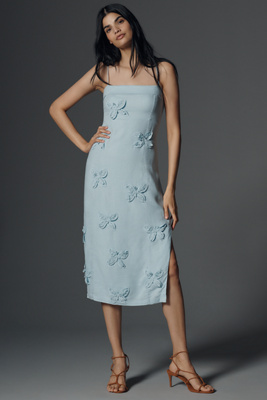 MAEVE LINEN BLEND APPLIQUÉ MIDI DRESS 