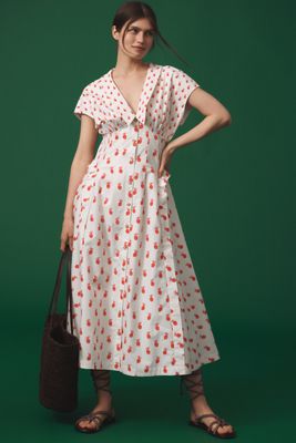 By Anthropologie Robe midi plissée à manches courtes et encolure en V