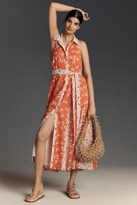 Maeve Halter Open-Back Godet Midi Shirt Dress