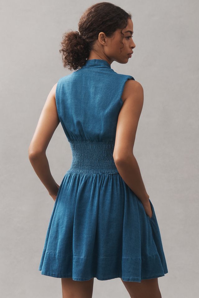 The Tommie Cap-Sleeve Smocked Front-Zip Shirt Dress: Mini Denim Edition