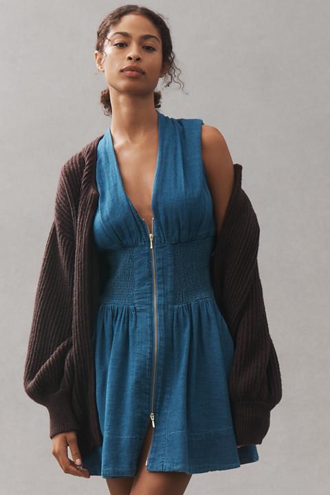 The Tommie Cap-Sleeve Smocked Front-Zip Shirt Dress: Mini Denim Edition