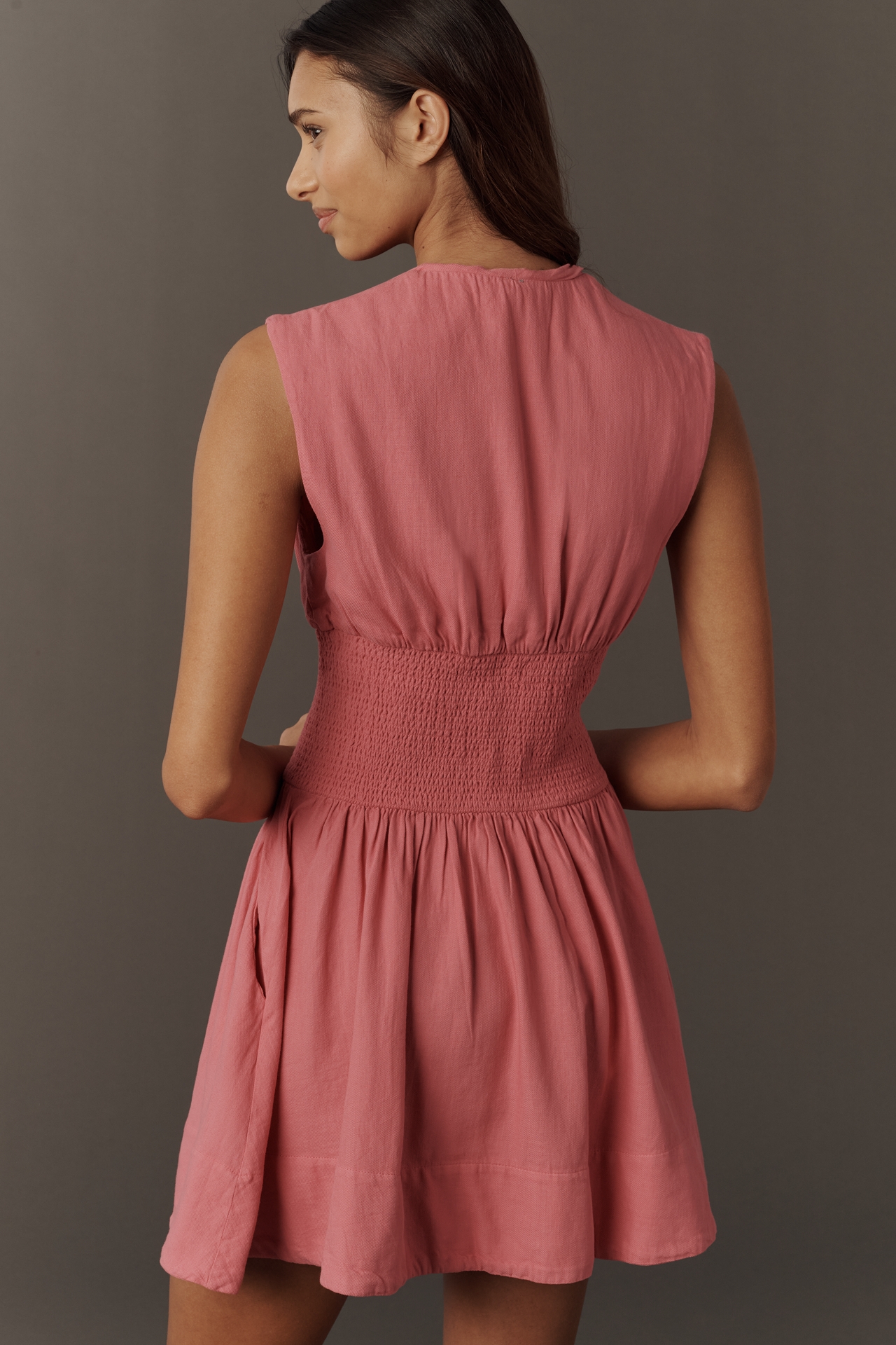 The Tommie Cap-Sleeve Denim Smocked Front-Zip Mini Shirt Dress