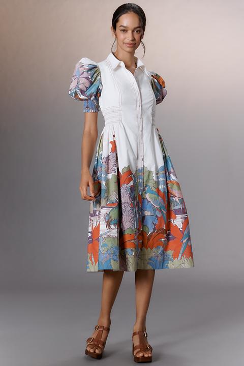 Maeve Puff-Sleeve Smocked Shirt Dress