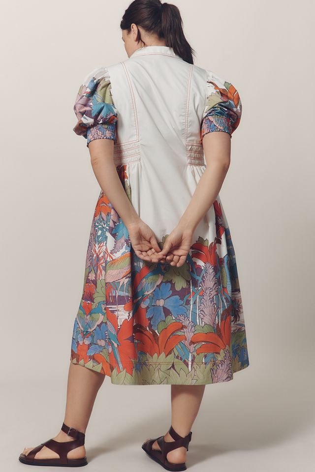 Maeve Puff-Sleeve Smocked Shirt Dress #5