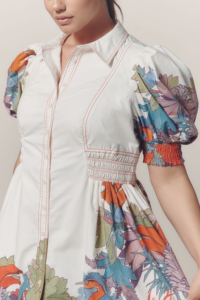 Maeve Puff-Sleeve Smocked Shirt Dress #6