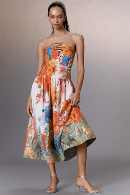 MAEVE STRAPLESS TIGER PRINTED MIDI DRESS 