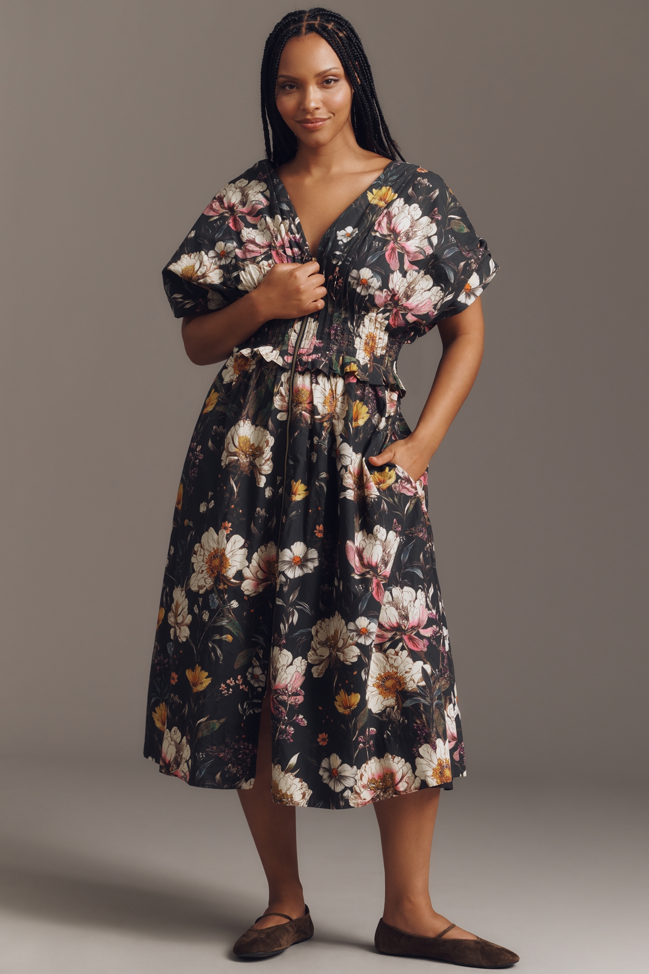By Anthropologie V-Neck Zip-Front Midi Dress