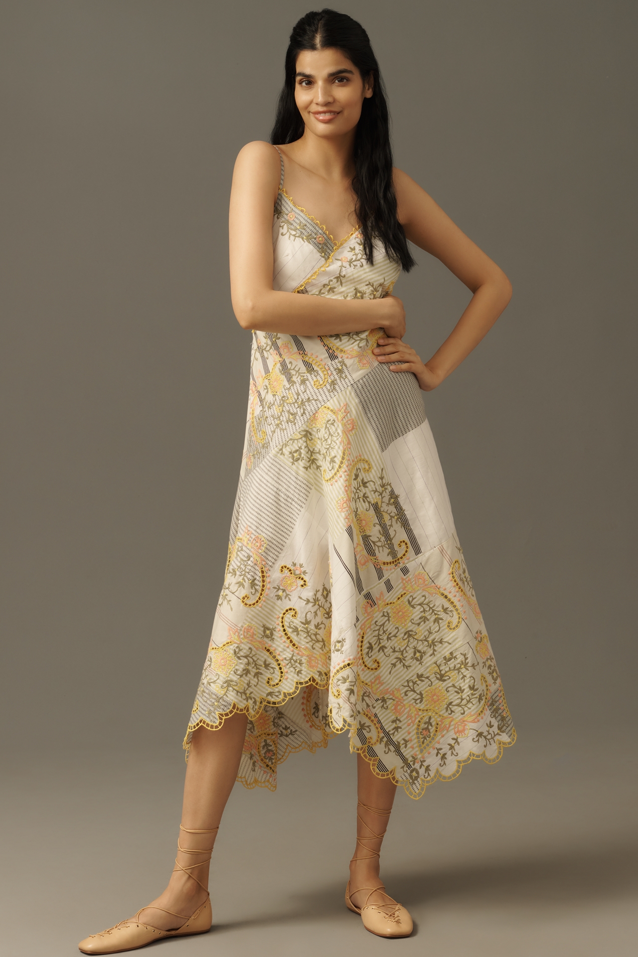 By Anthropologie Sleeveless V-Neck Asymmetric Midi Dress