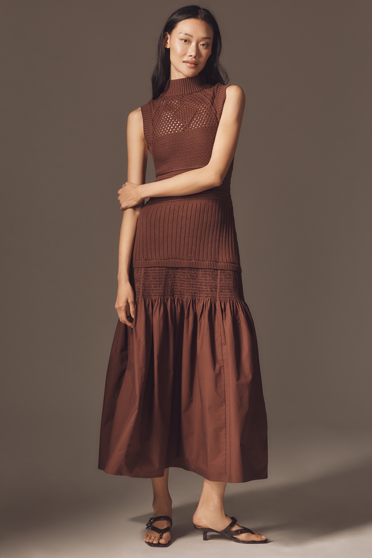 By Anthropologie Sleeveless Mock-Neck Drop-Waist Sweater Midi Dress