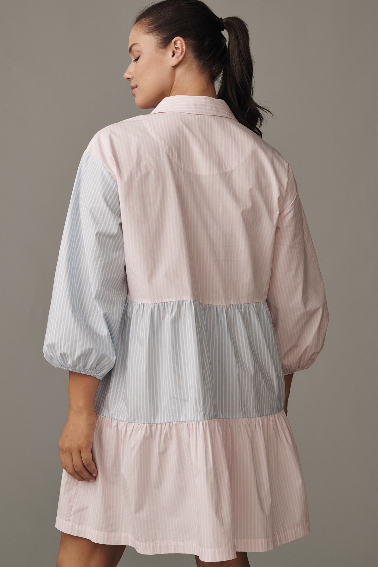 The Bettina Stripe Mix Tiered Mini Shirt Dress by Maeve