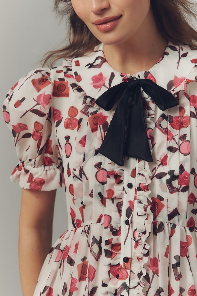 Anisa Makhoul x Maeve Puff-Sleeve Collared Bow-Front Pleated Mini Dress #1