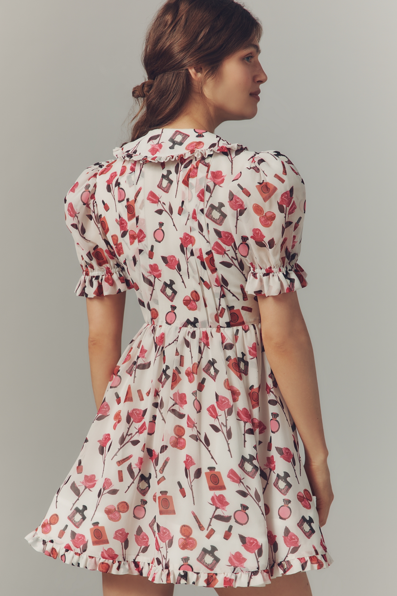 Anisa Makhoul x Maeve Puff-Sleeve Collared Bow-Front Pleated Mini Dress