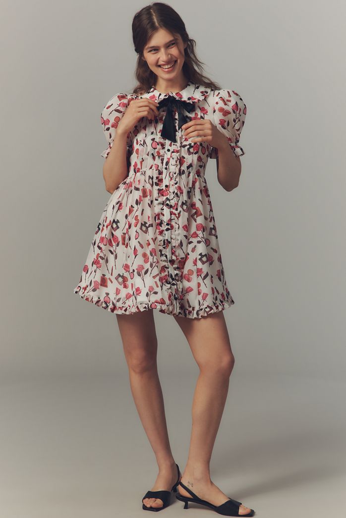 Anisa Makhoul x Maeve Puff-Sleeve Collared Bow-Front Pleated Mini Dress