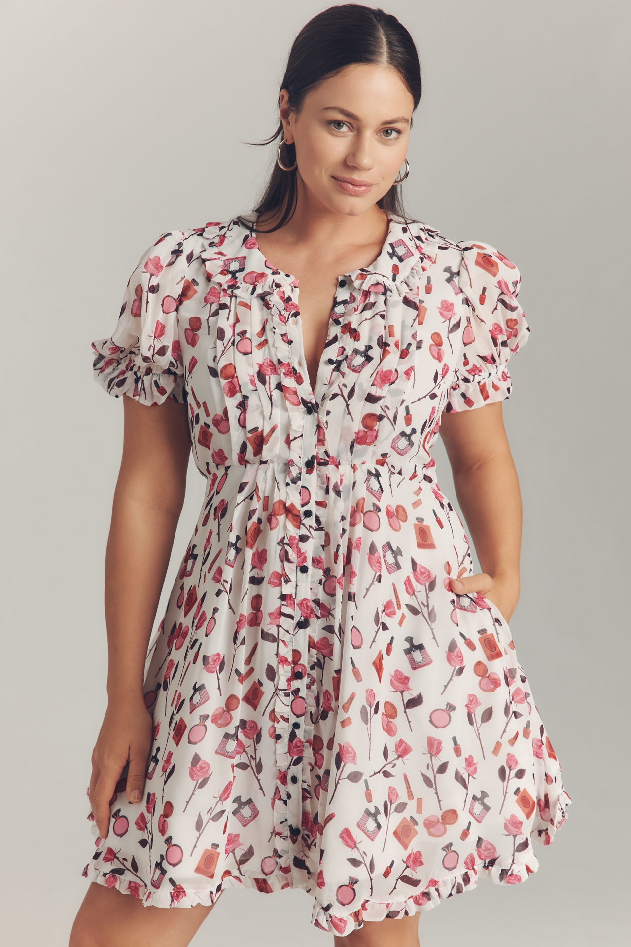 Anisa Makhoul x Maeve Puff-Sleeve Collared Bow-Front Pleated Mini Dress