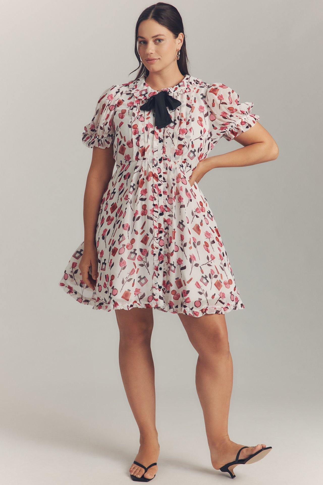 Anisa Makhoul x Maeve Puff-Sleeve Collared Bow-Front Pleated Mini Dress