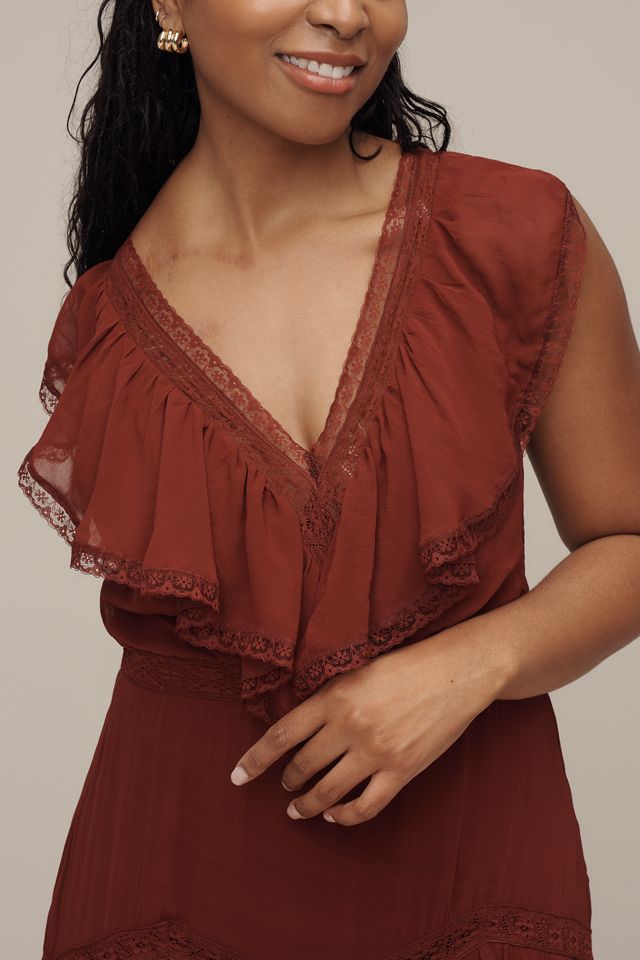 By Anthropologie Short-Sleeve V-Neck Ruffle Midi Dress