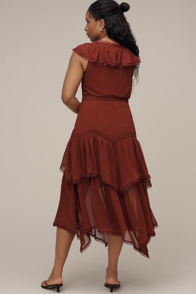 By Anthropologie Short-Sleeve V-Neck Ruffle Midi Dress