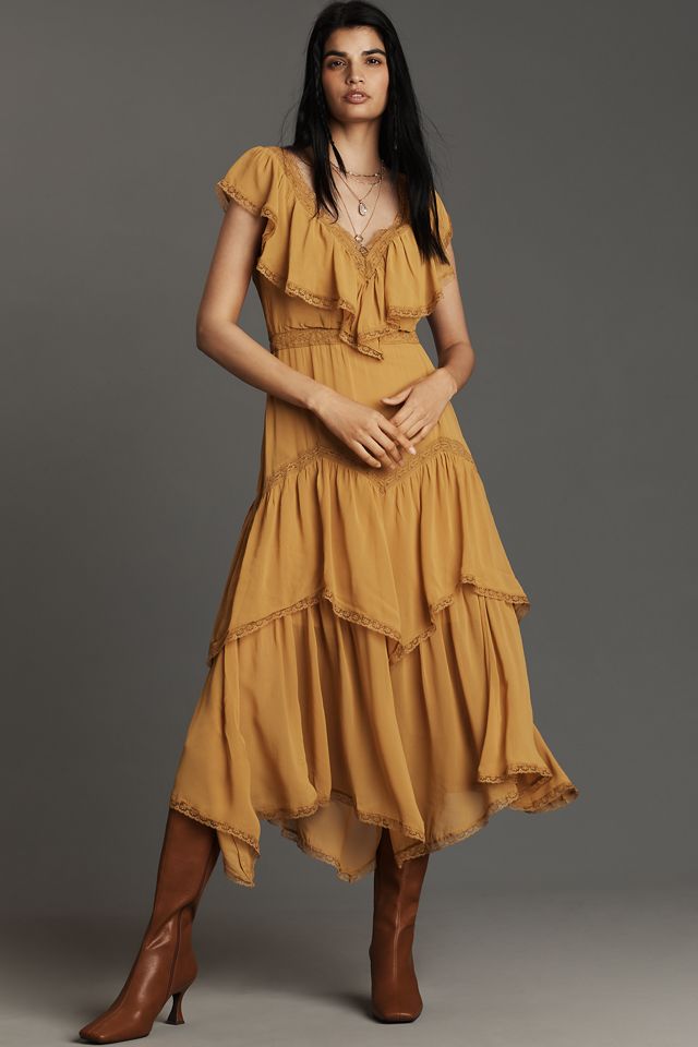 By Anthropologie Short-Sleeve V-Neck Ruffle Midi Dress #1