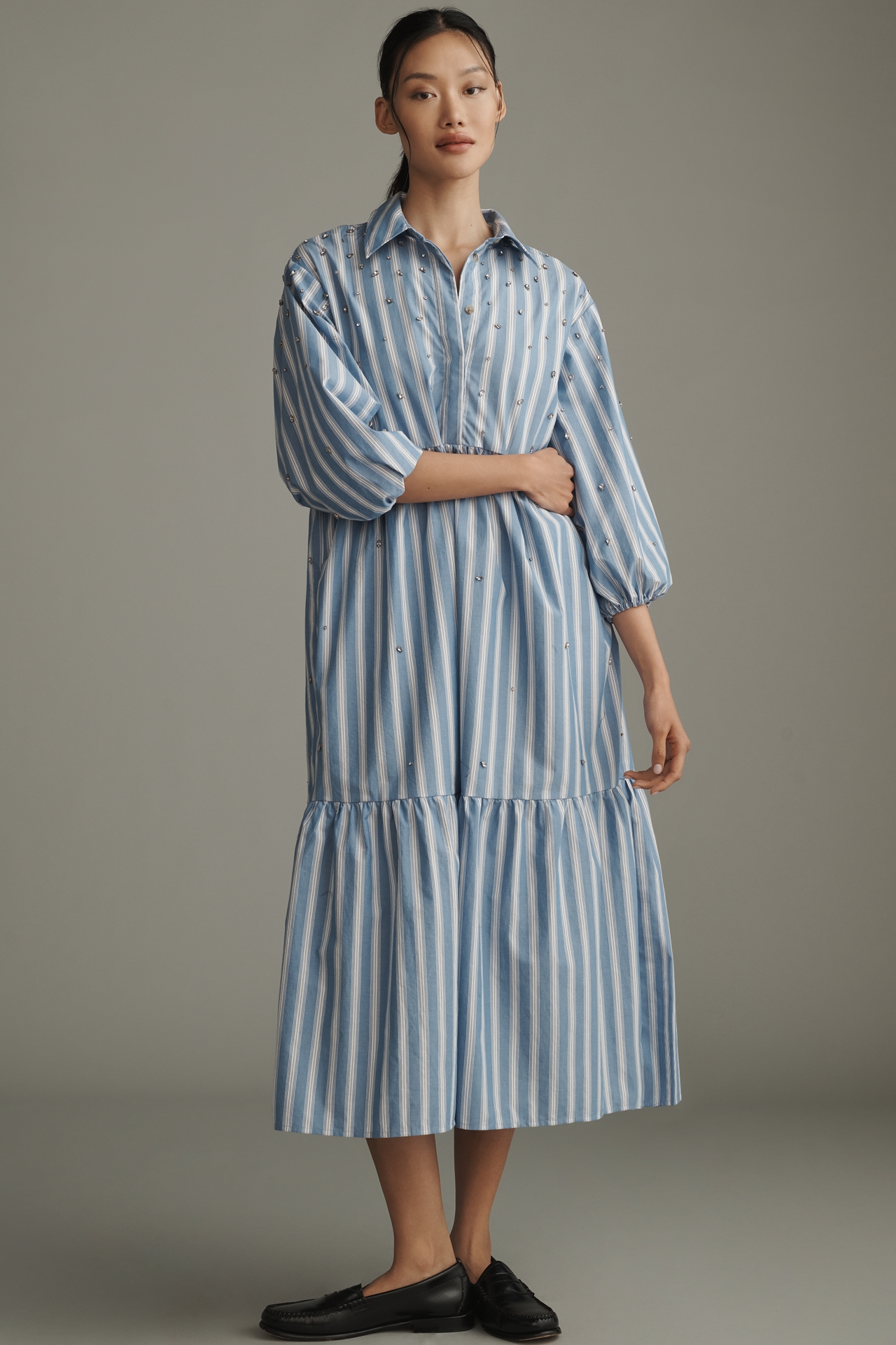 The Bettina Embellished Tiered Shirt Dress by Maeve